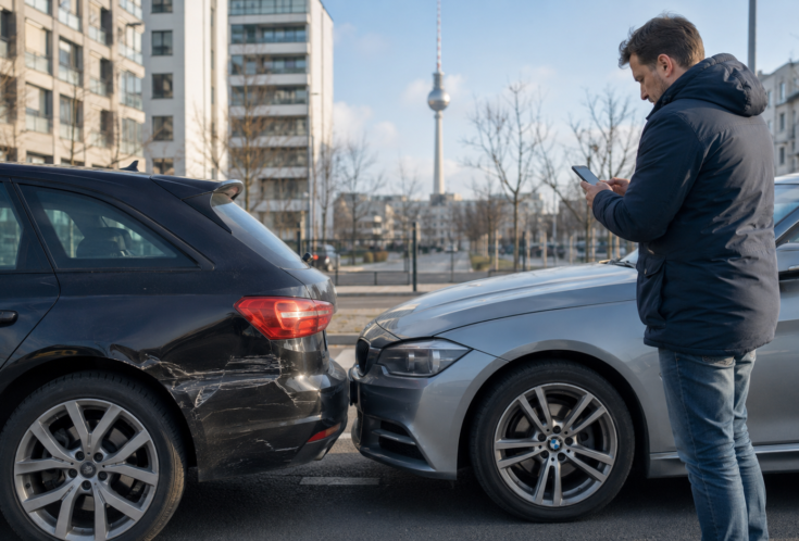 Fahrzeughalter dokumentiert einen Autounfall in Berlin mit sichtbarem Fahrzeugschaden