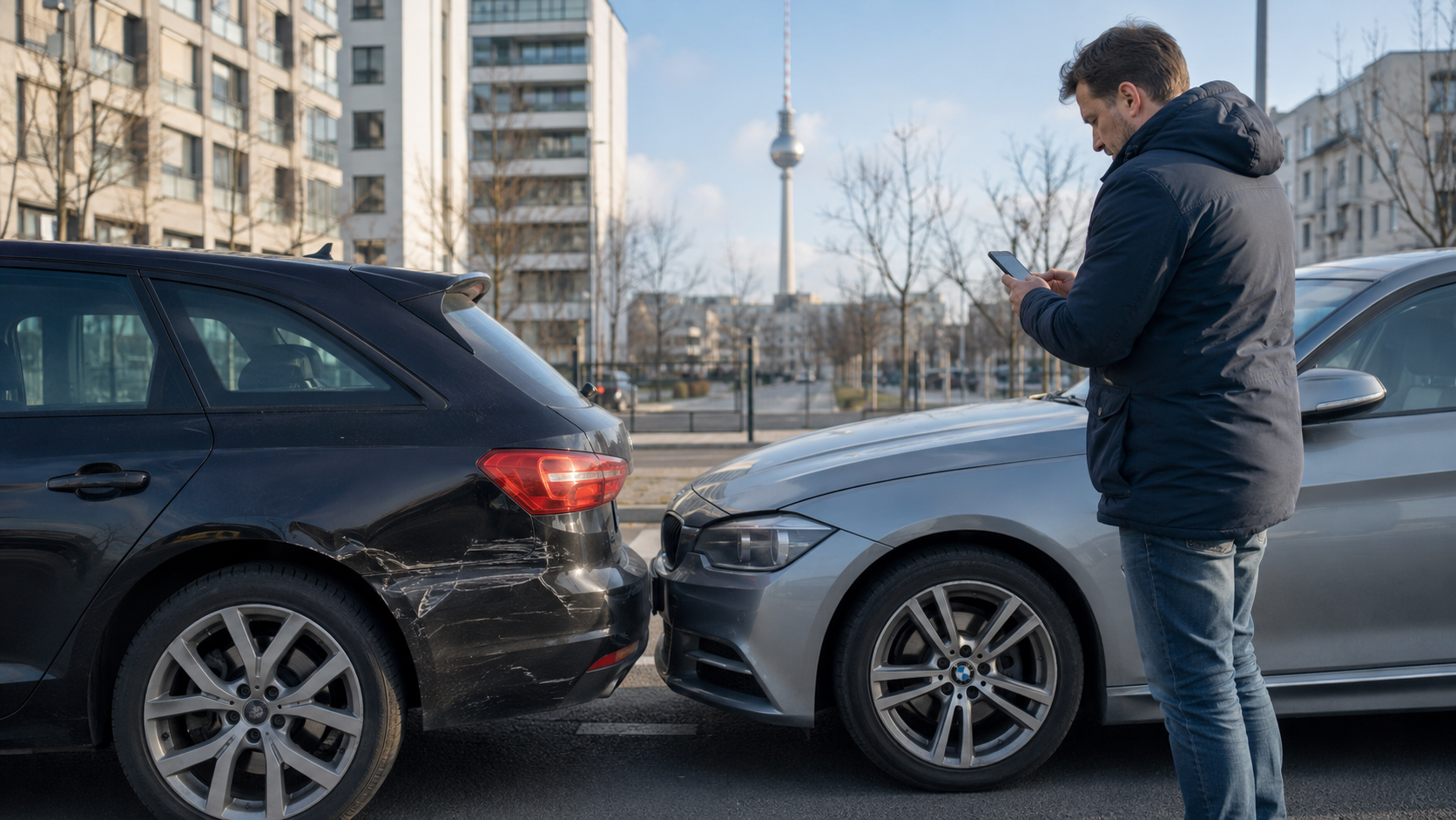Fahrzeughalter dokumentiert einen Autounfall in Berlin mit sichtbarem Fahrzeugschaden